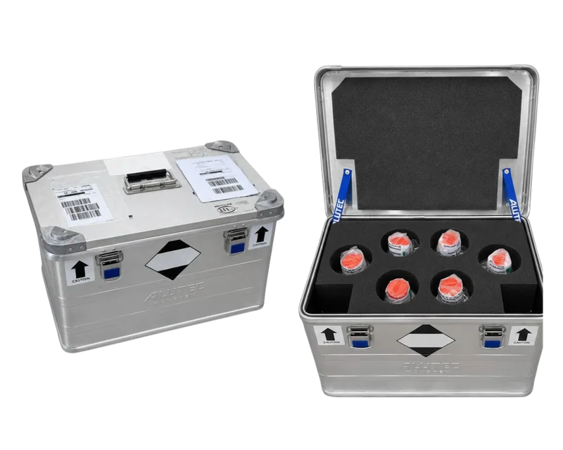 METLAB absorbent transport case &mdash; foam-seated bottles of 4M NaOH absorbent in a sealed transit case.