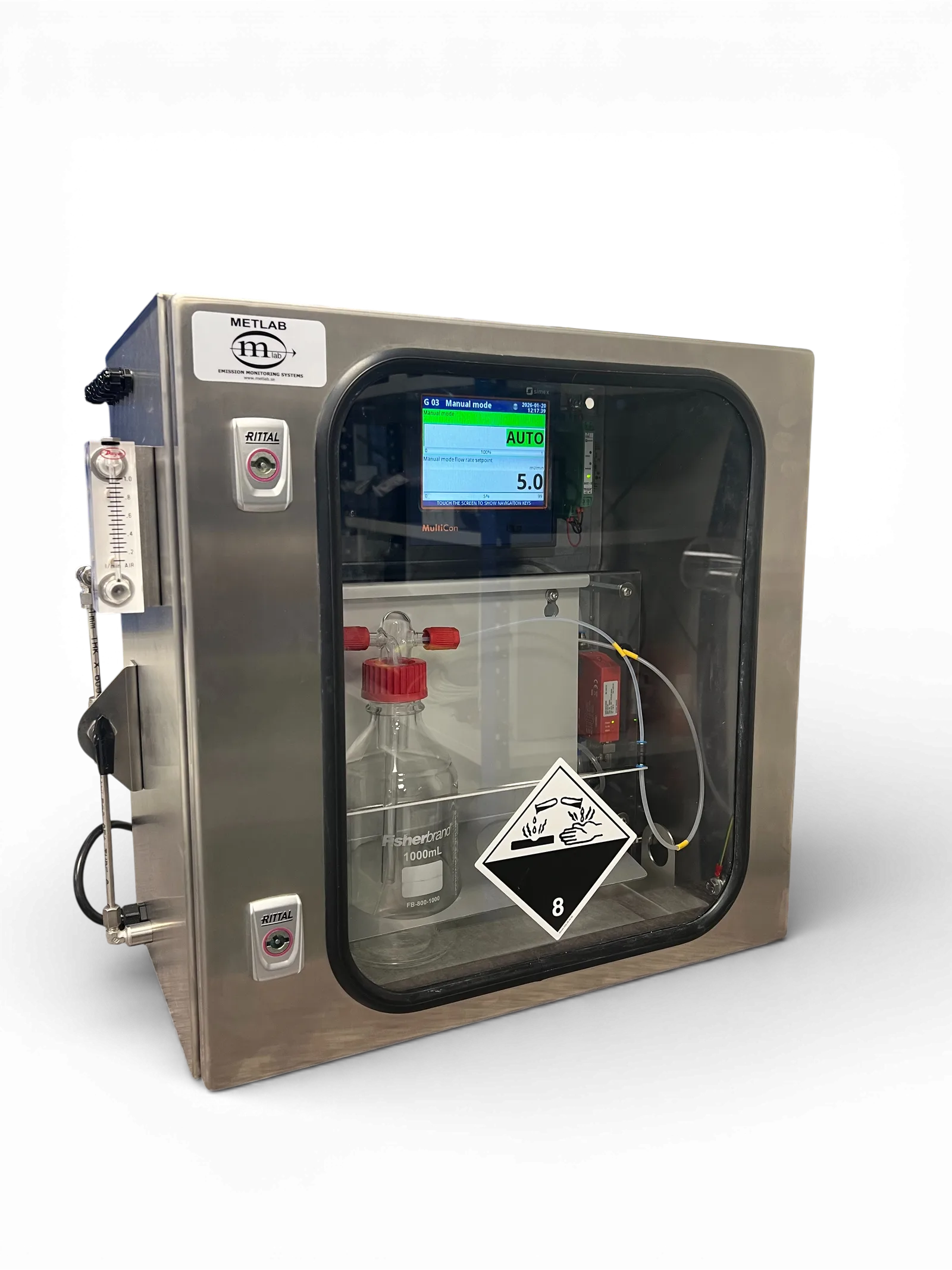 METLAB C14G2 biogenic CO₂ sampler — perspective view of the wall-mounted enclosure with the door visible and the front display lit.